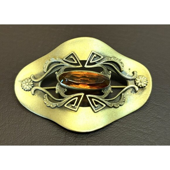 Antique ART NOUVEAU DECO Yellow Czech Glass Brass Sash Pin BROOCH Vintage - Picture 4 of 7